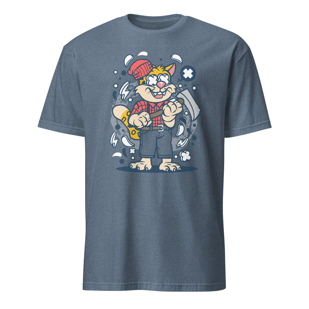 Blue t-shirt with a cartoon character holding a wrench on a white background