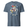 Blue t-shirt with a cartoon character holding a wrench on a white background