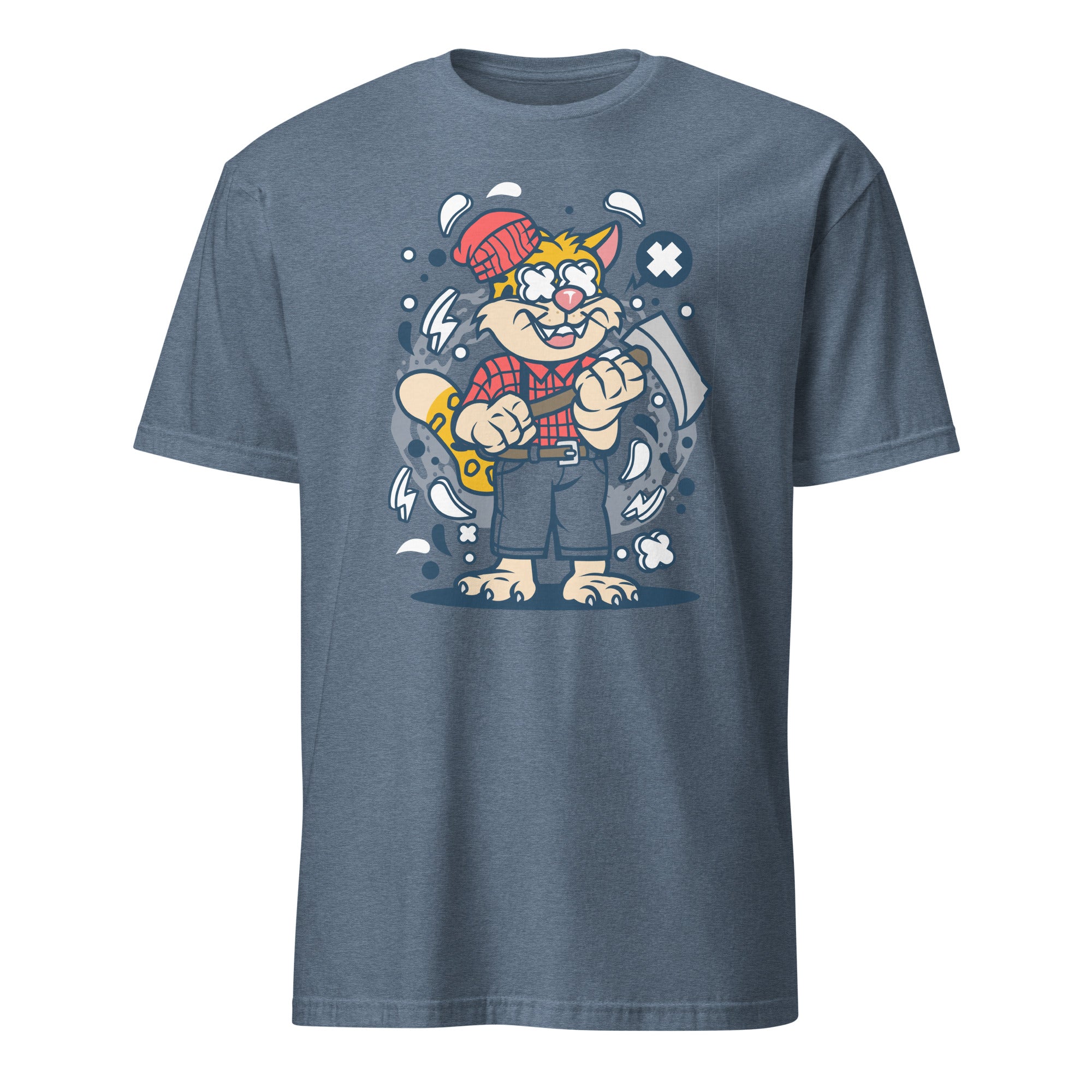 Blue t-shirt with a cartoon character holding a wrench on a white background