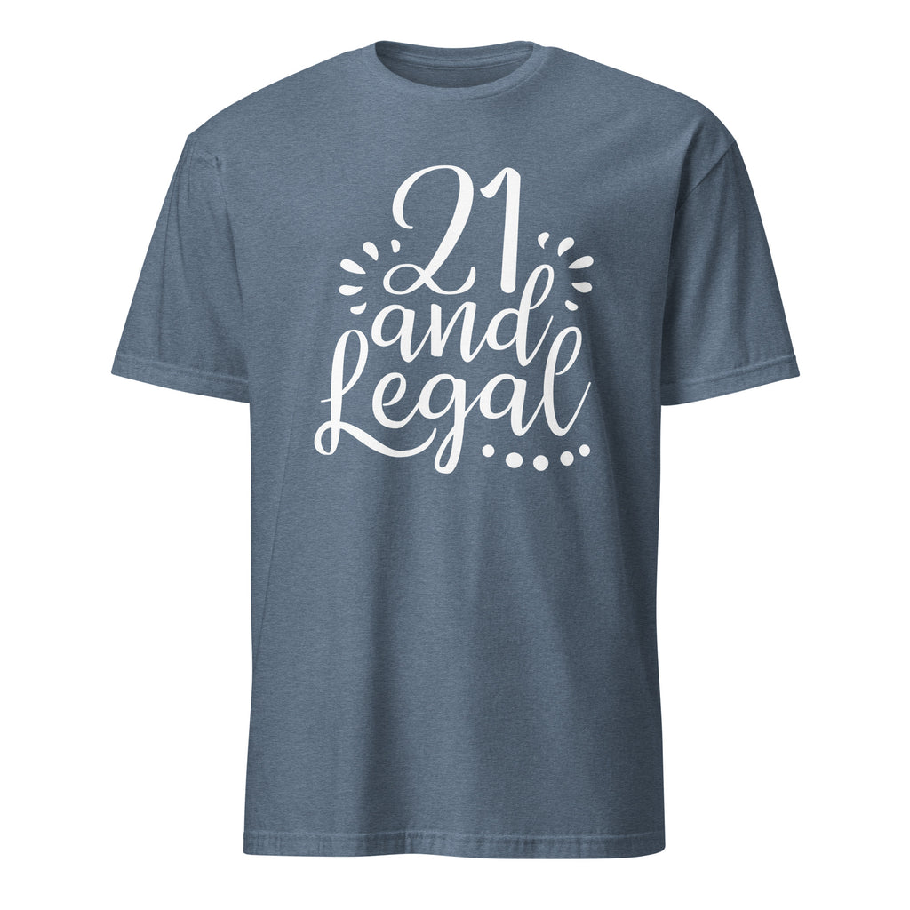 Heather Indigo t-shirt with '21 and Legal' text on a white background