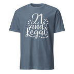 Heather Indigo t-shirt with '21 and Legal' text on a white background