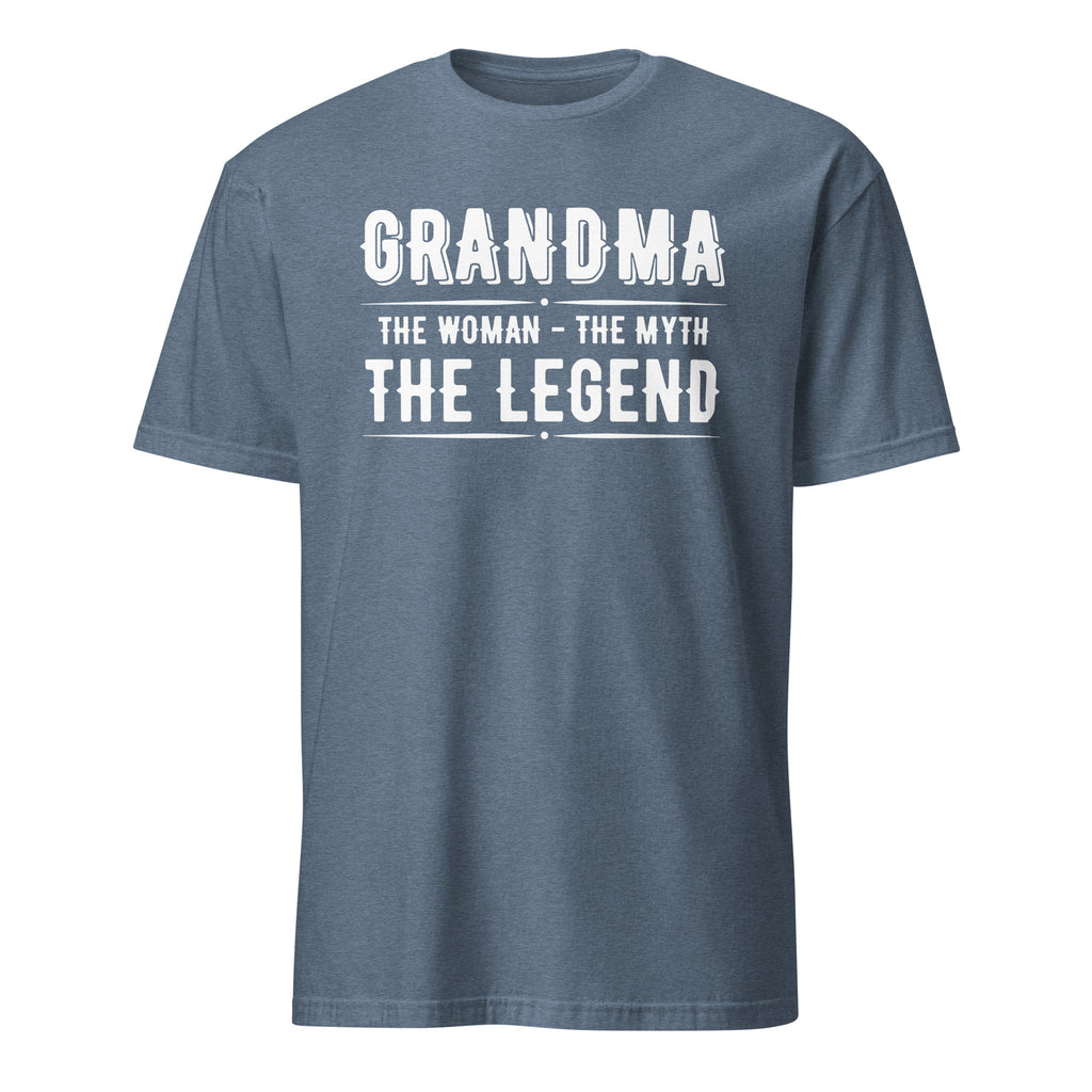 Blue t-shirt with white text 'GRANDMA THE WOMAN THE MYTH THE LEGEND' on a white background