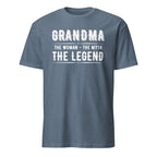 Blue t-shirt with white text 'GRANDMA THE WOMAN THE MYTH THE LEGEND' on a white background