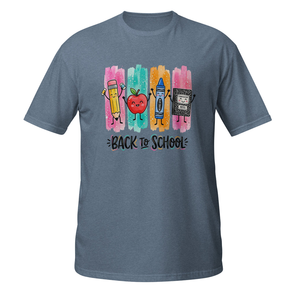 A slate blue short-sleeve t-shirt with a colorful 'Back to School' graphic on the chest, featuring cartoon drawings of a pencil, crayon, apple, and book on vertical paint strokes.