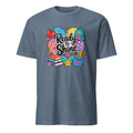 A heather slate blue short-sleeve t-shirt with a colorful school-themed graphic on the chest that reads 'Ready to Shine' surrounded by school supplies like books, a backpack, and an apple, shown on a plain white background.