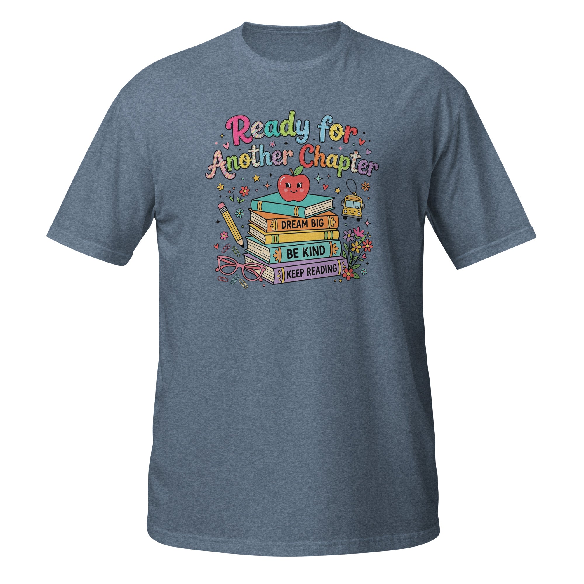 Blue t-shirt with 'Progress Over Perfection' graphic design on a white background