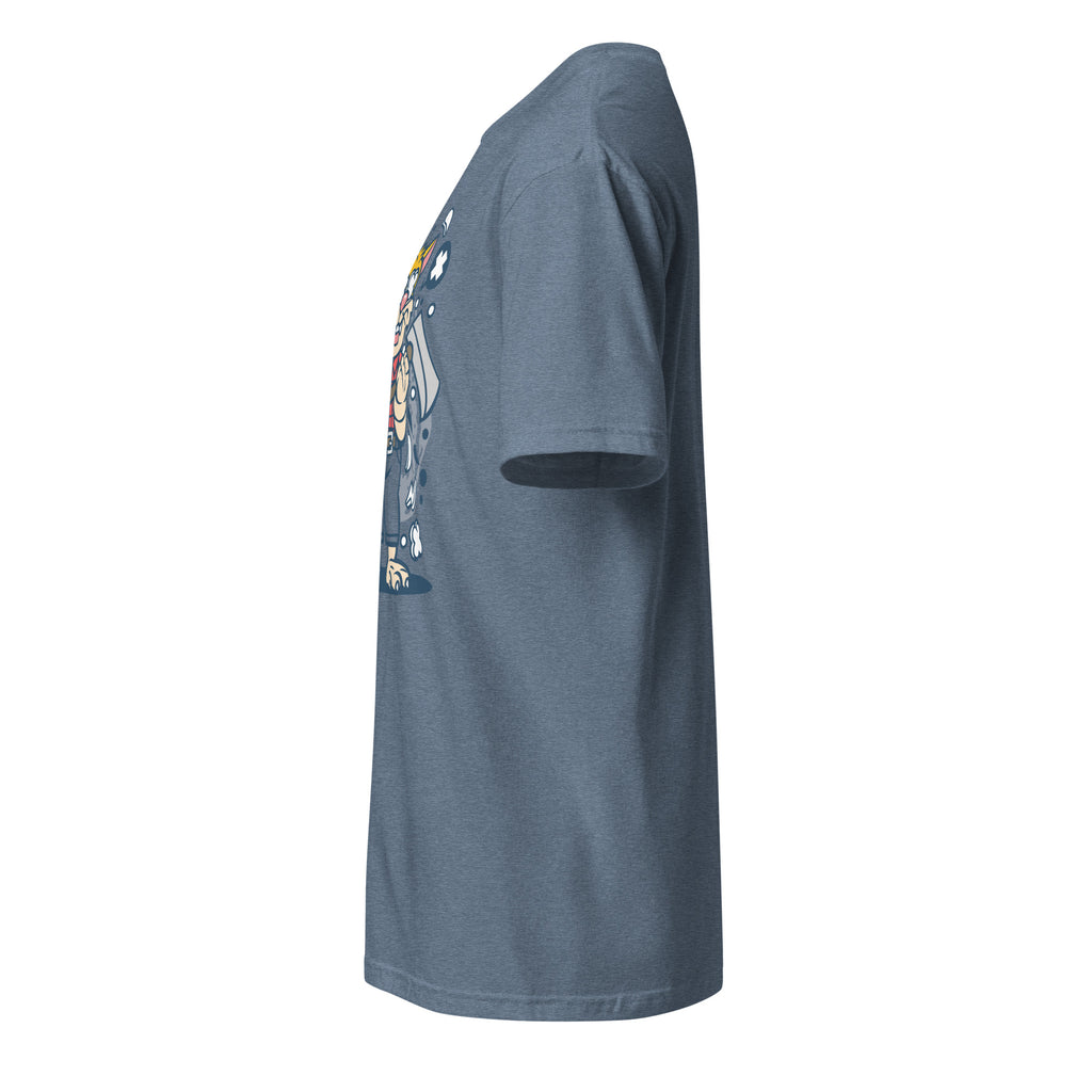Left view of a Plain blue t-shirt on a white background