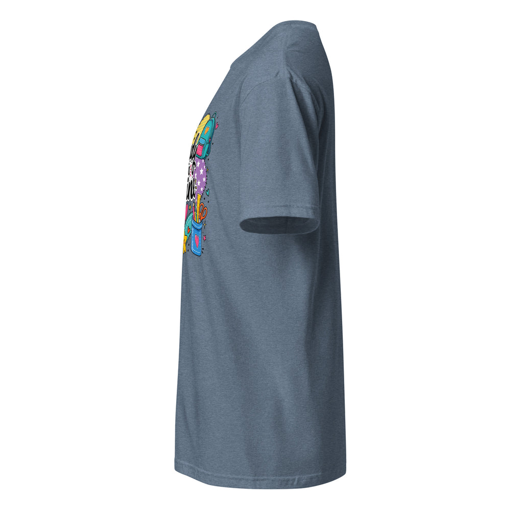 Gray t-shirt with a colorful graphic on the sleeve against a white background