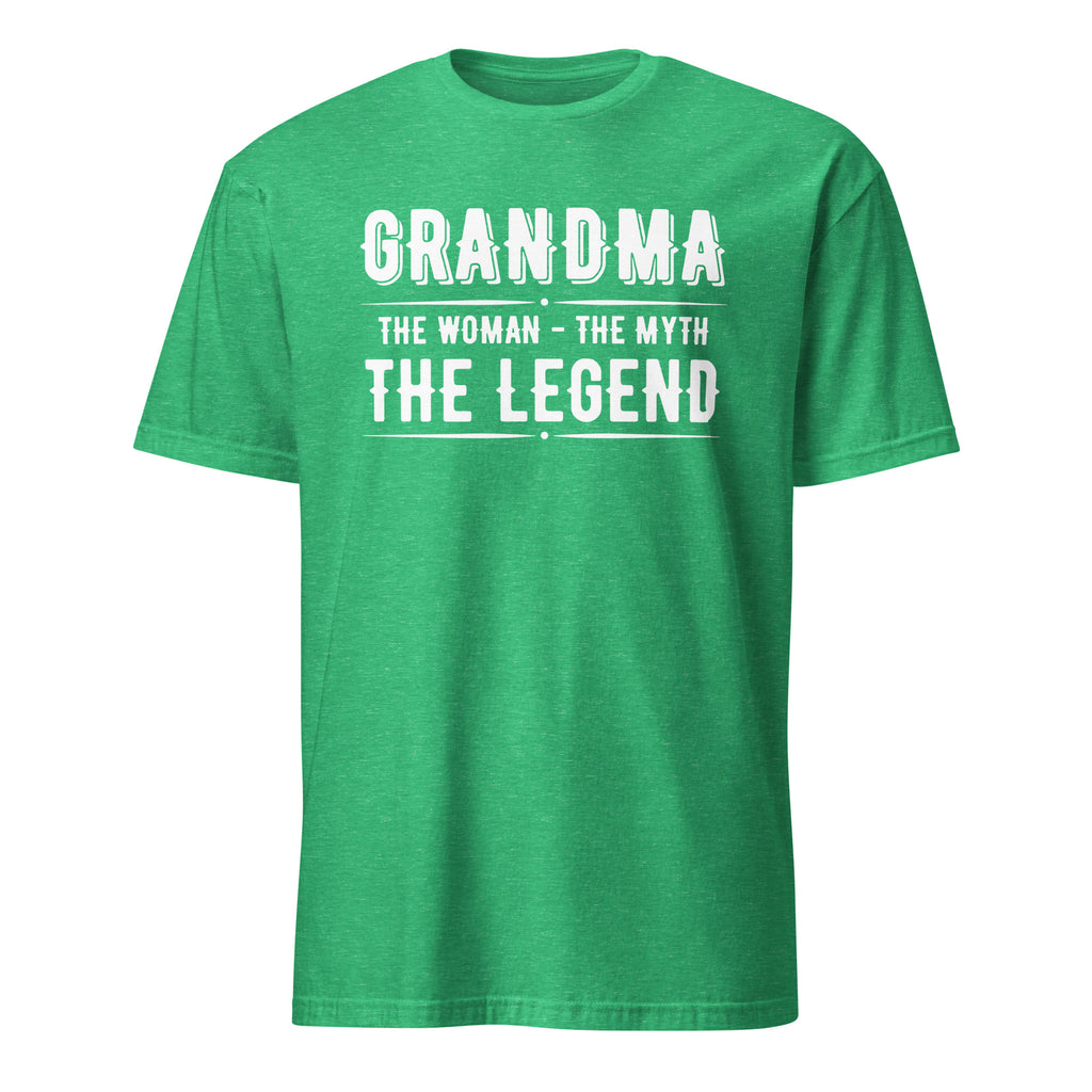 Green t-shirt with white text 'GRANDMA THE WOMAN THE MYTH THE LEGEND' on a white background