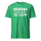 Green t-shirt with white text 'GRANDMA THE WOMAN THE MYTH THE LEGEND' on a white background