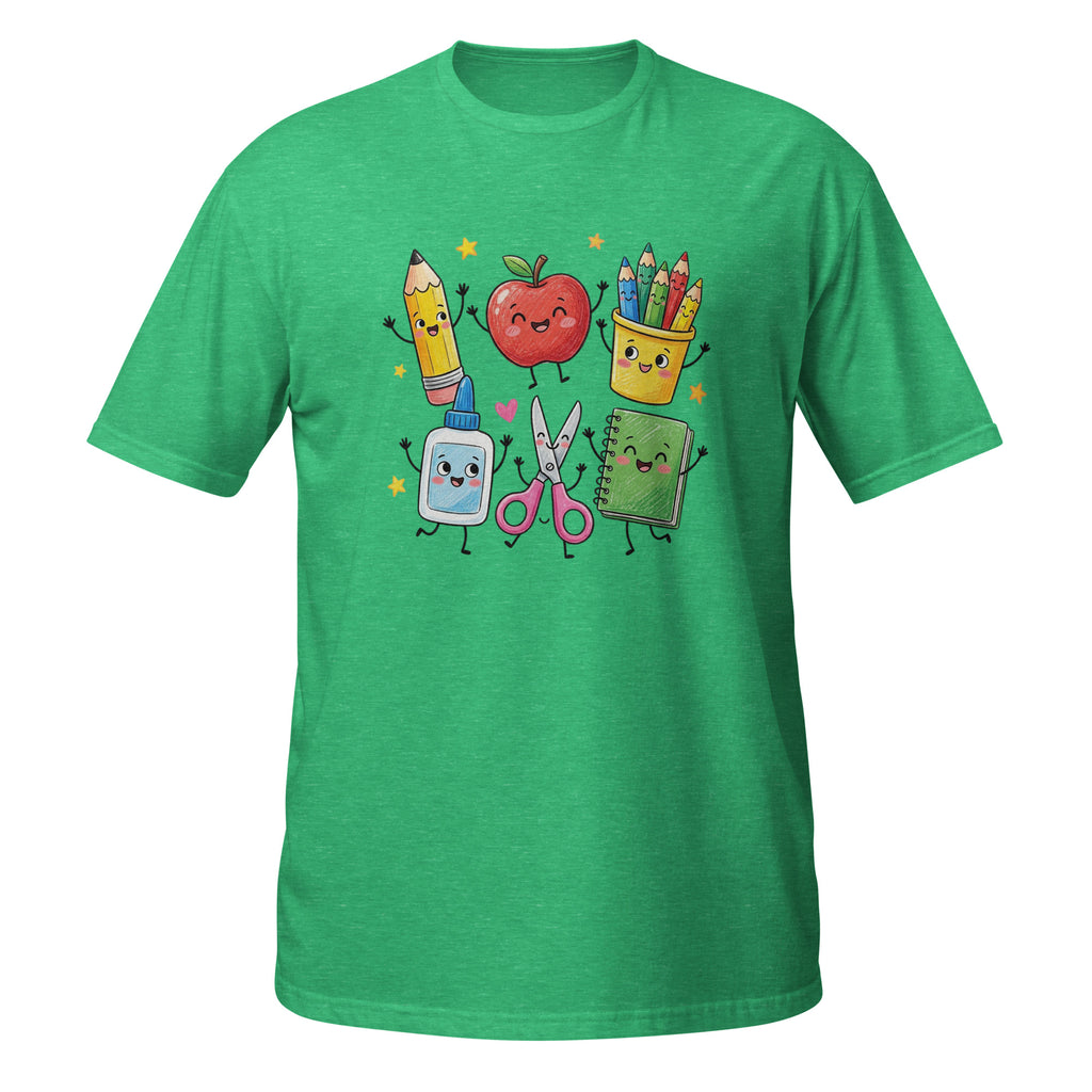 A green short-sleeve crewneck t-shirt featuring a colorful graphic of cute, anthropomorphic school supplies including a pencil, apple, colored pencils, sticky notes, scissors, and a notebook on a white background.