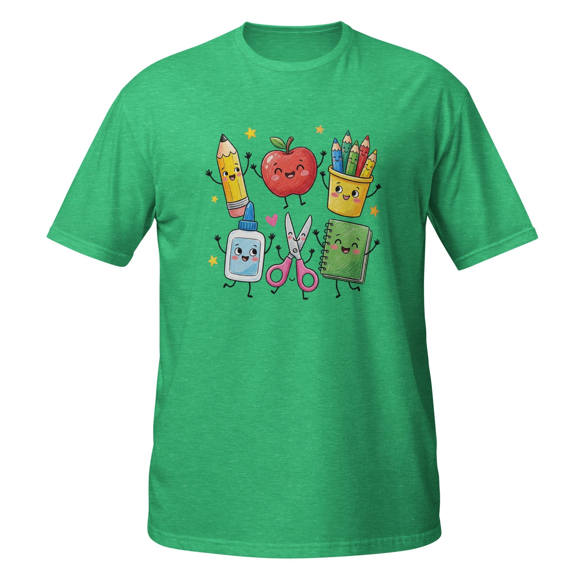 A green short-sleeve crewneck t-shirt featuring a colorful graphic of cute, anthropomorphic school supplies including a pencil, apple, colored pencils, sticky notes, scissors, and a notebook on a white background.