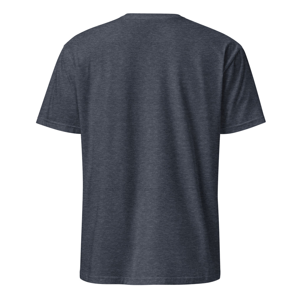 Back view of a plain blue heather t-shirt on a white background