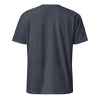 Back view of a plain heather navy t-shirt on a white background