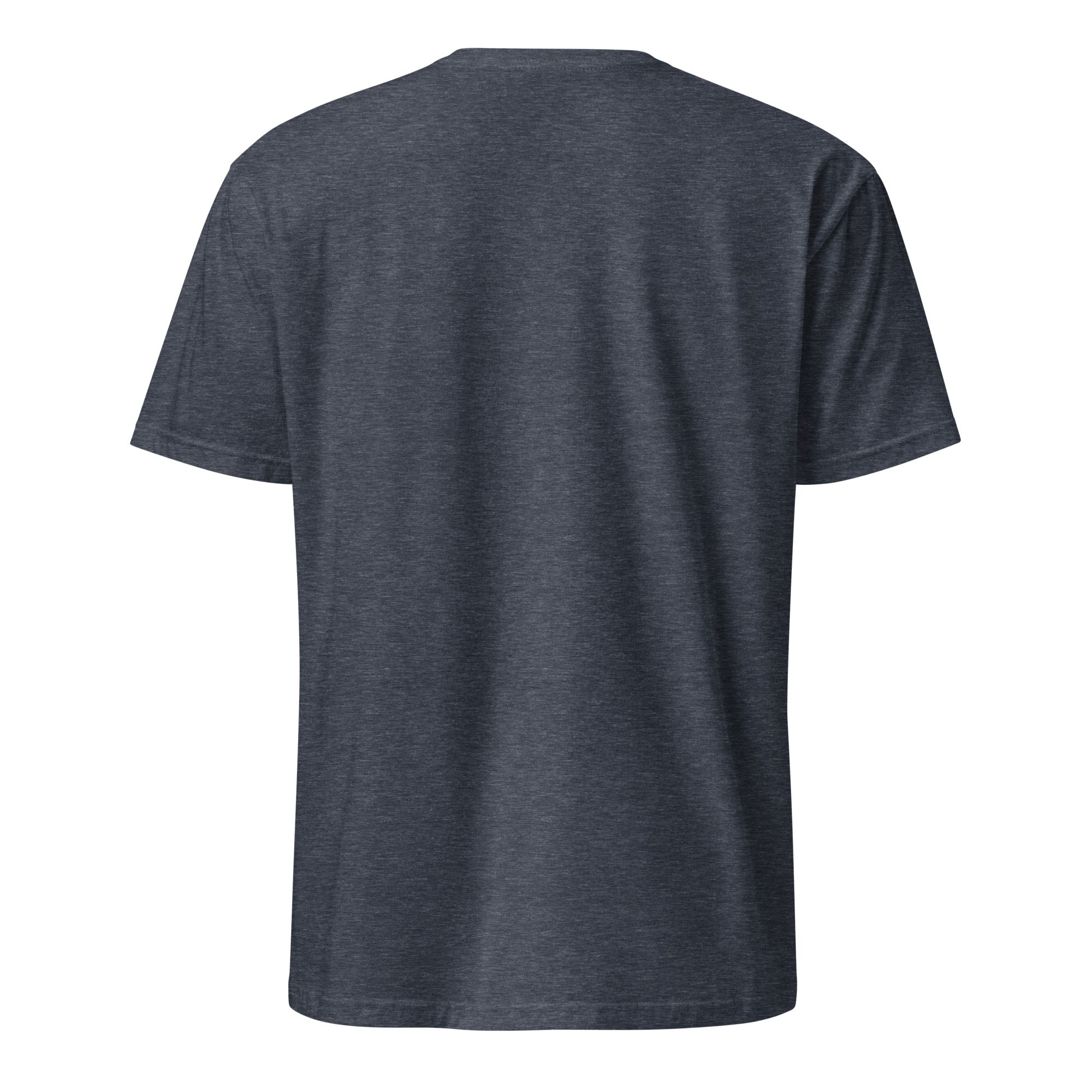 Back view of a plain heather navy t-shirt on a white background