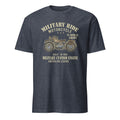 Navy blue heather t-shirt with vintage motorcycle graphic and text on a white background
