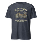 Navy blue heather t-shirt with vintage motorcycle graphic and text on a white background