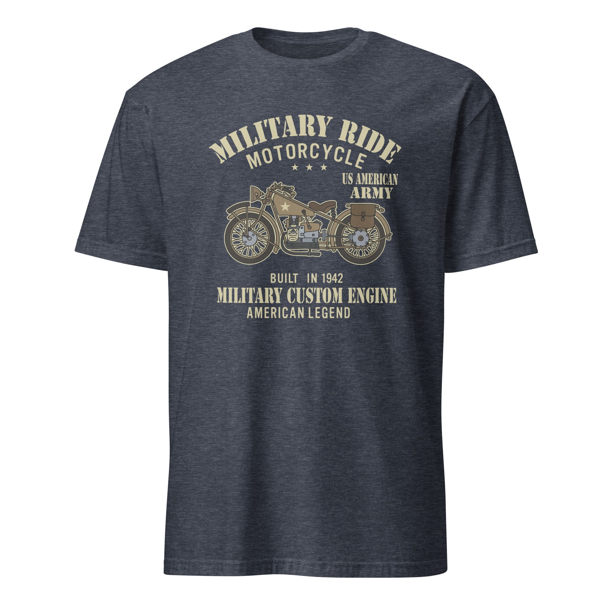 Navy blue heather t-shirt with vintage motorcycle graphic and text on a white background