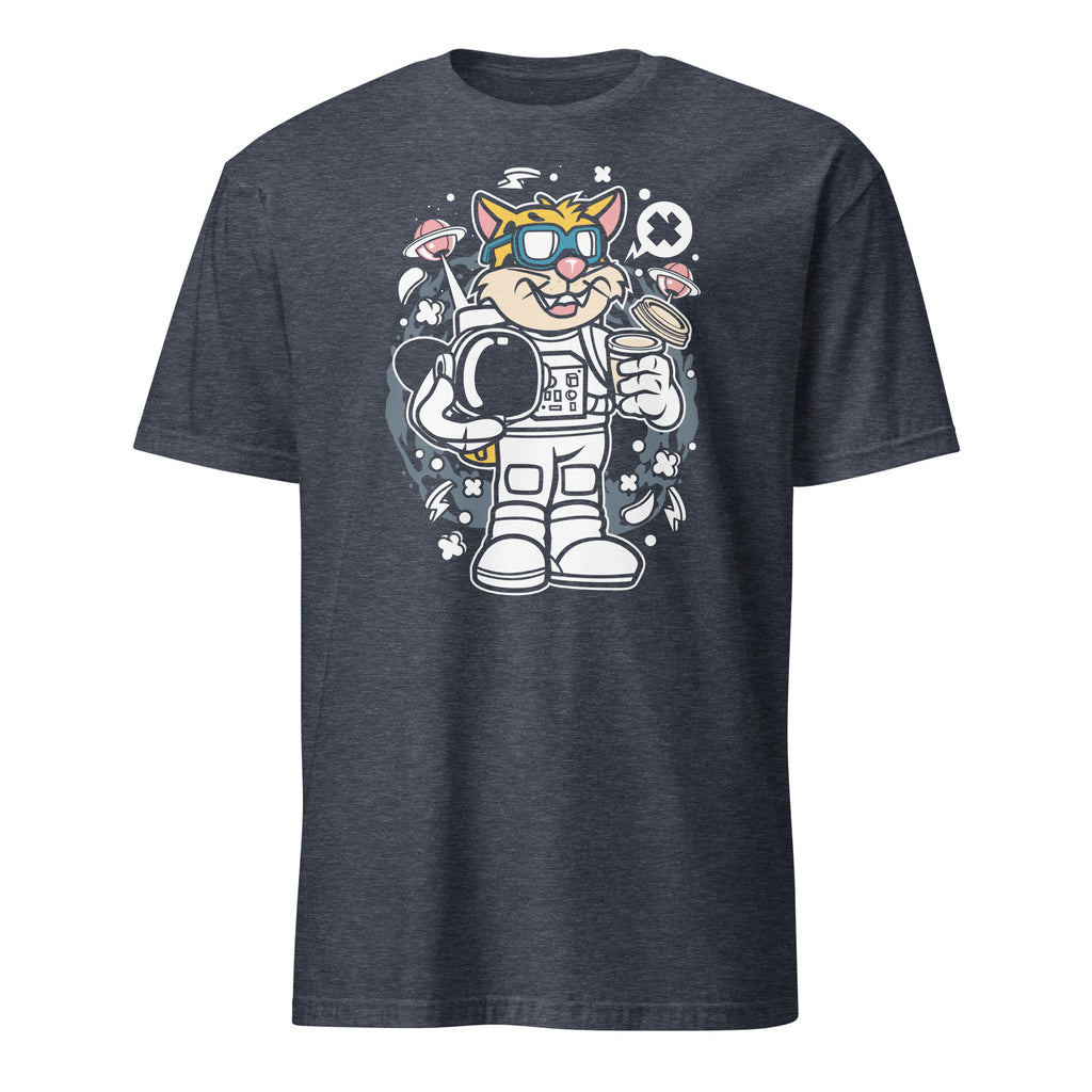 Heather Navy t-shirt with a cartoon astronaut cat design on a white background