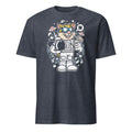Heather Navy t-shirt with a cartoon astronaut cat design on a white background