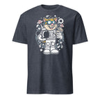 Heather Navy t-shirt with a cartoon astronaut cat design on a white background