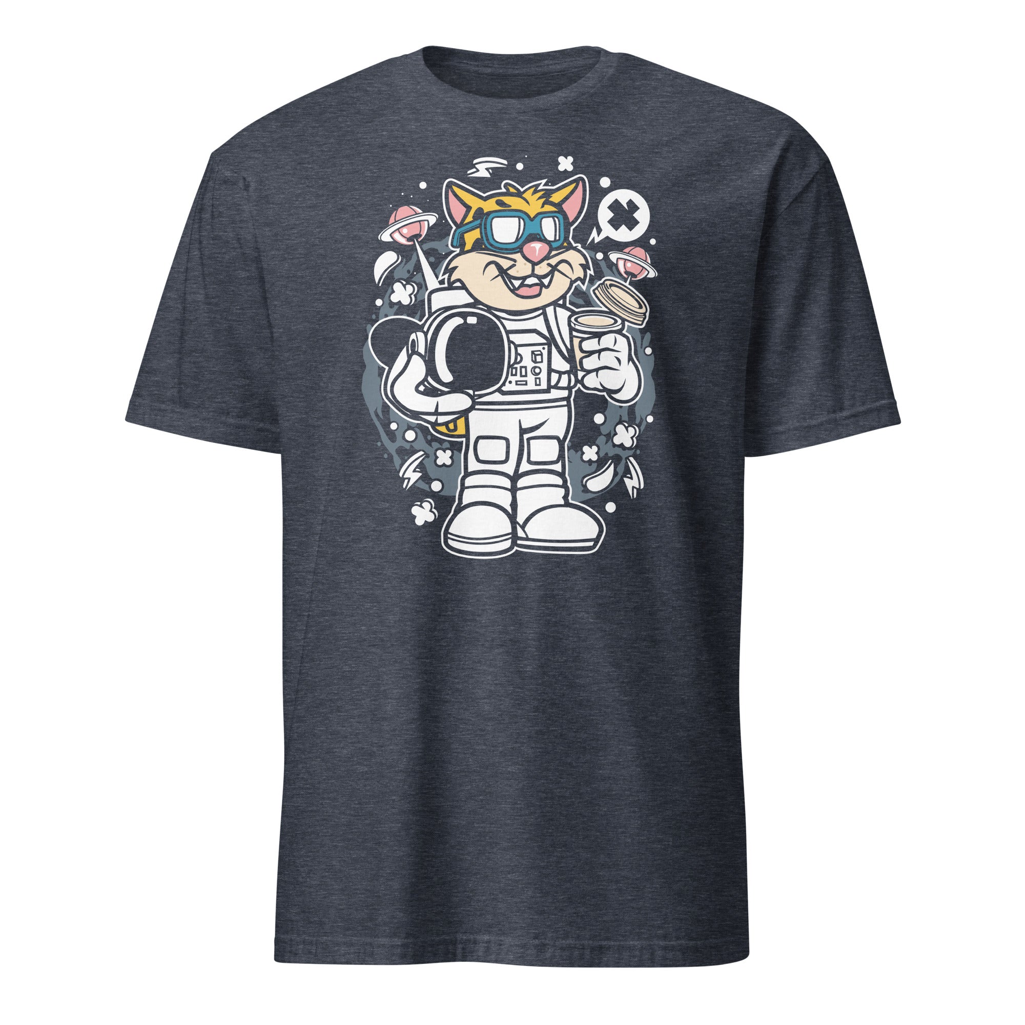 Heather Navy t-shirt with a cartoon astronaut cat design on a white background