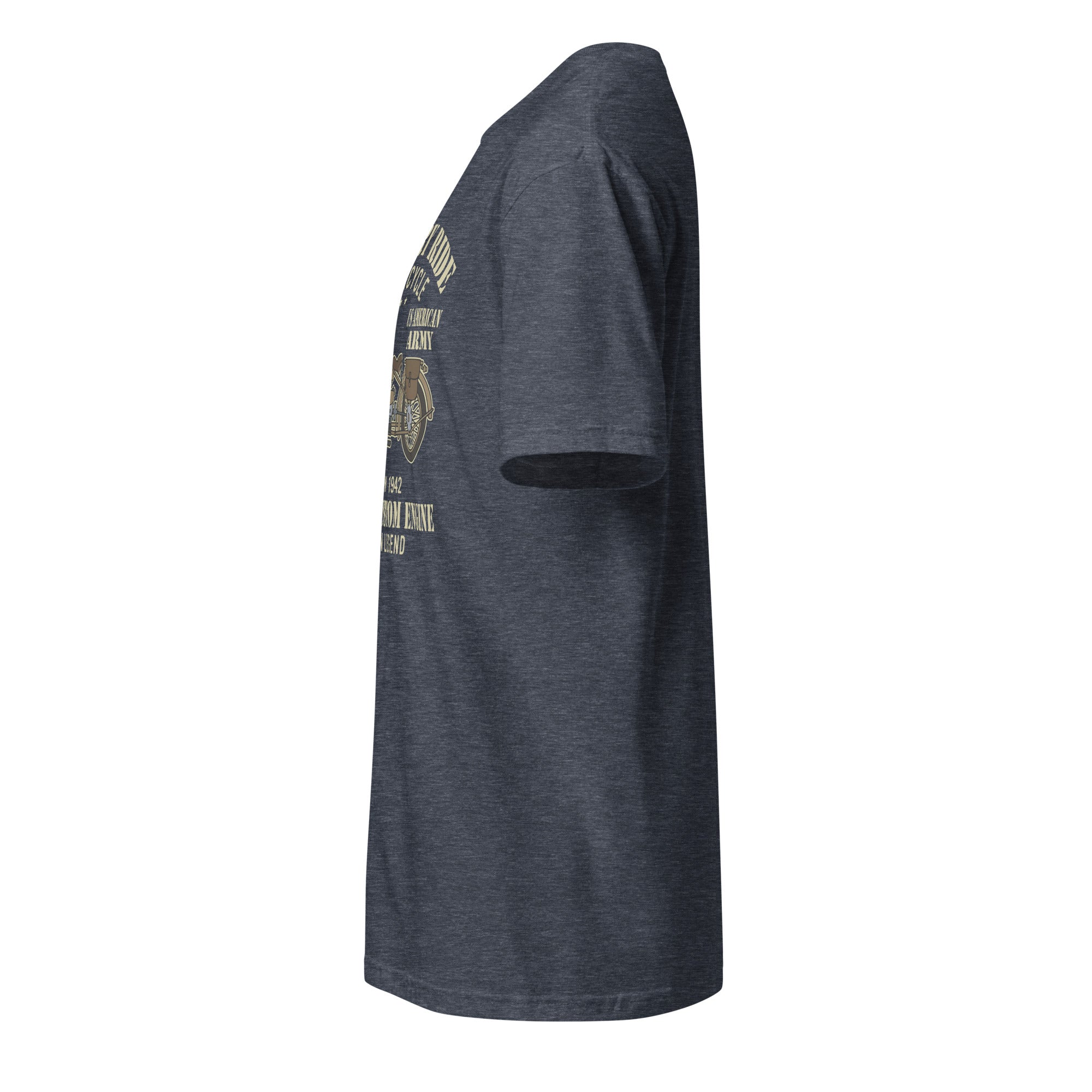 Left view of a plain blue heather t-shirt on a white background