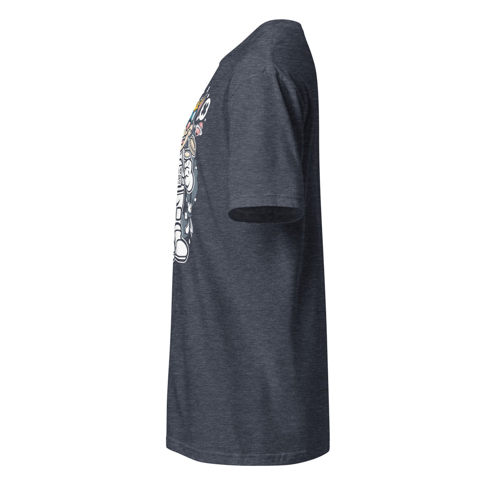 Left view of a plain heather navy t-shirt on a white background