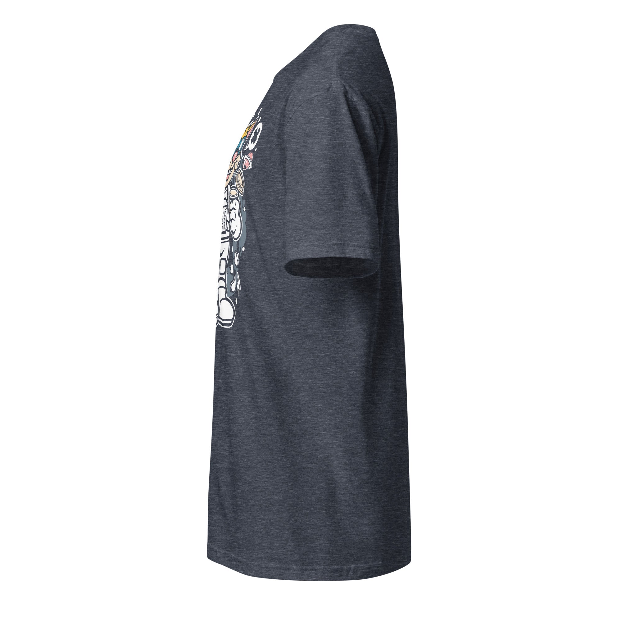 Left view of a plain heather navy t-shirt on a white background