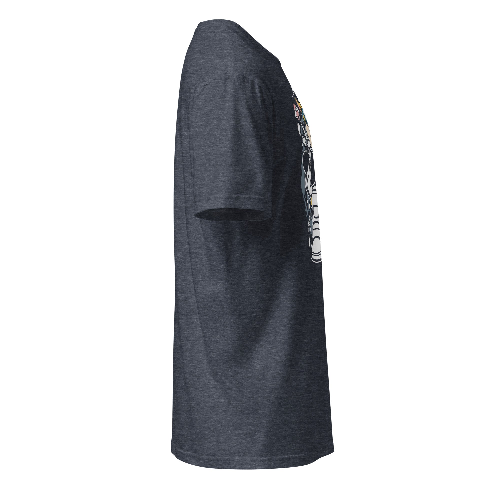 Right view of a plain heather navy t-shirt on a white background