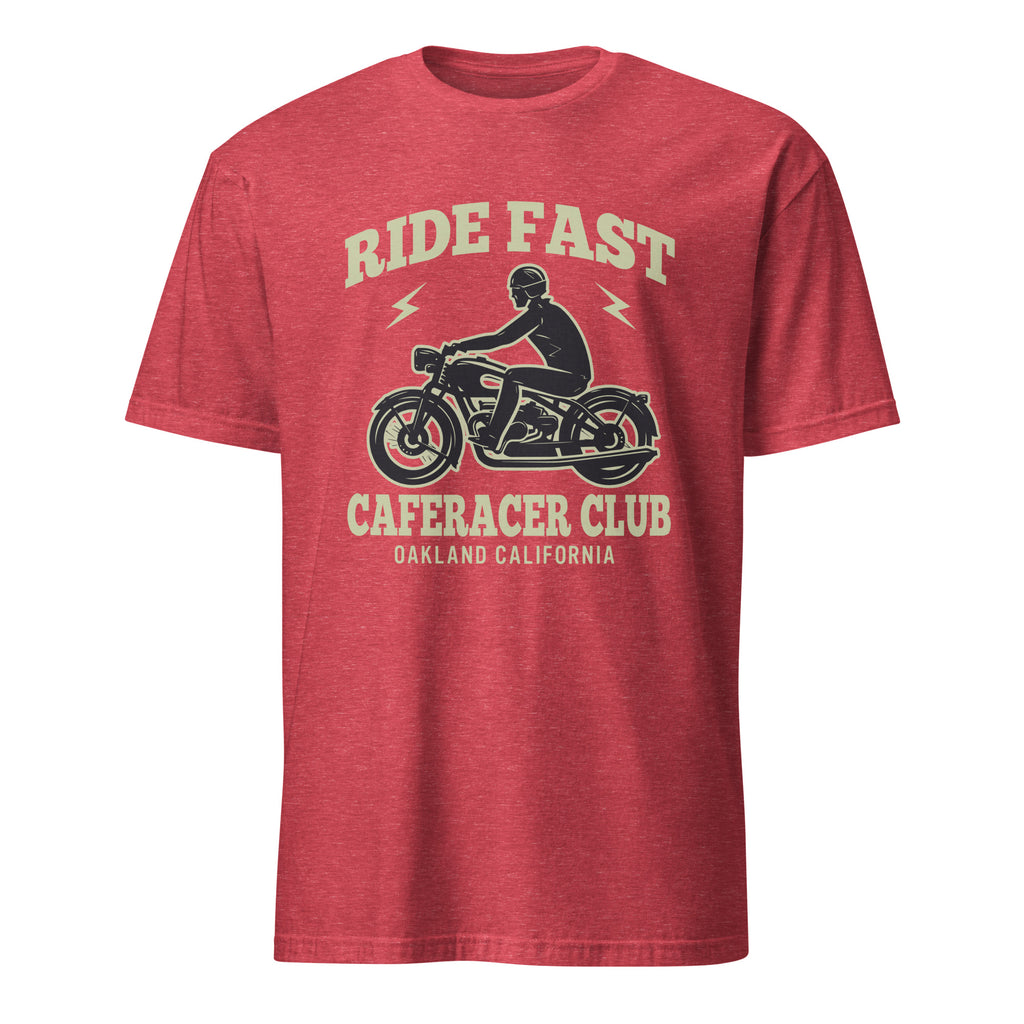 Red Heather t-shirt with 'Ride Fast Caferacer Club Oakland California' graphic on a white background