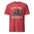 Red Heather t-shirt with 'Ride Fast Caferacer Club Oakland California' graphic on a white background