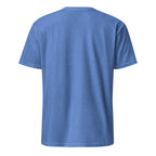 Back view of a heather royal t-shirt on a white background