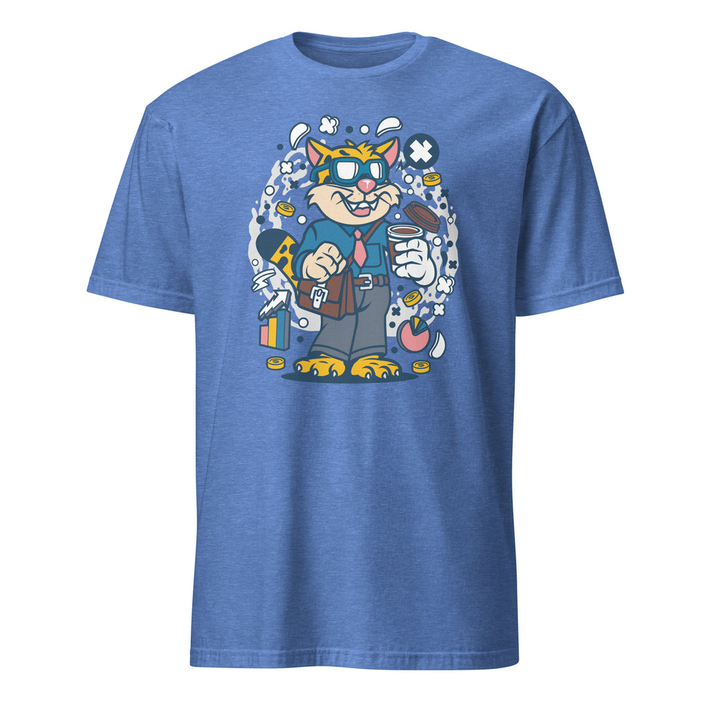 Heather Royal t-shirt with a cartoon character design on a white background