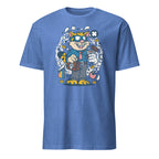 Heather Royal t-shirt with a cartoon character design on a white background