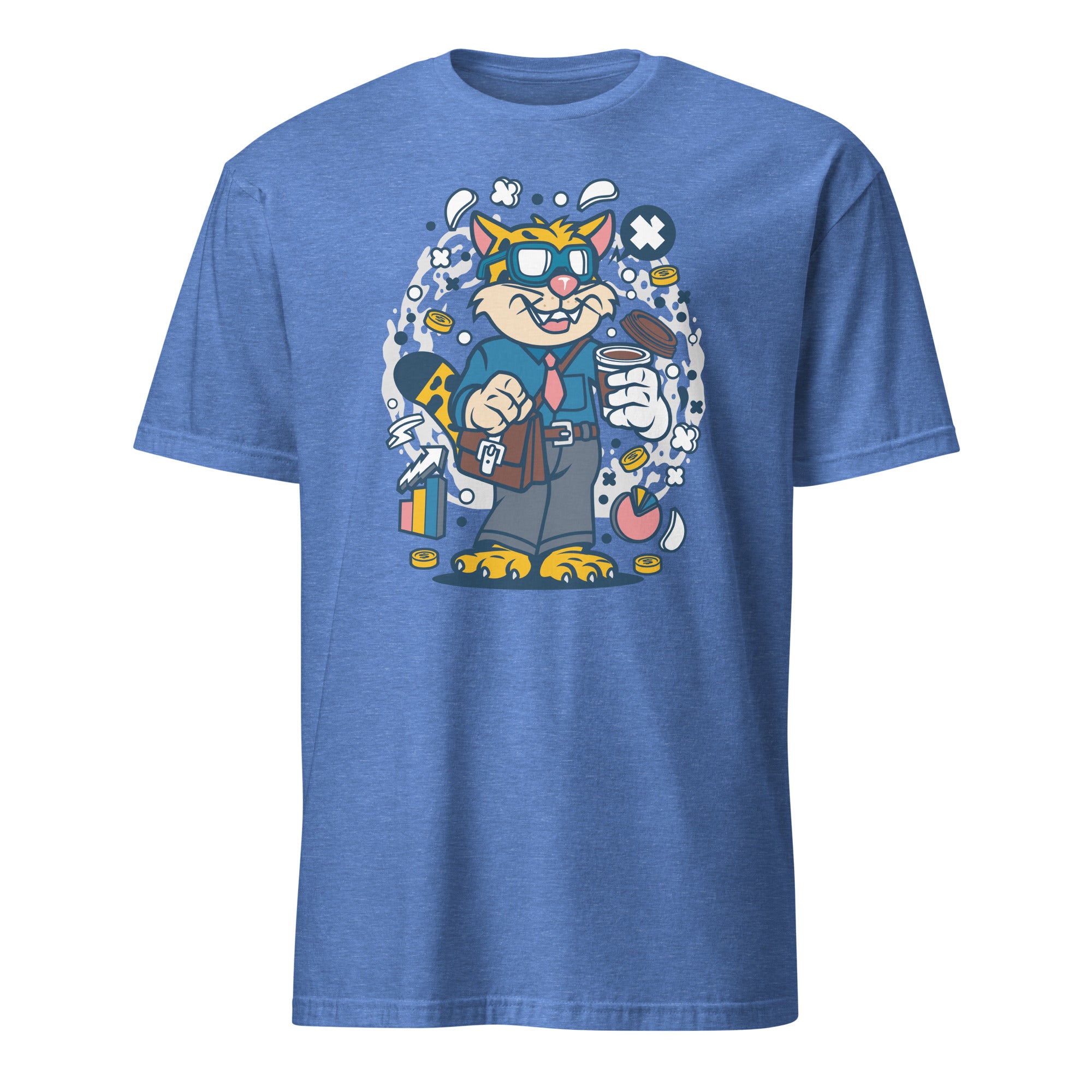 Heather Royal t-shirt with a cartoon character design on a white background