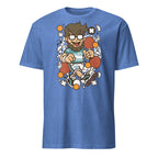 Heather Royal t-shirt with a cartoon character graphic on a white background