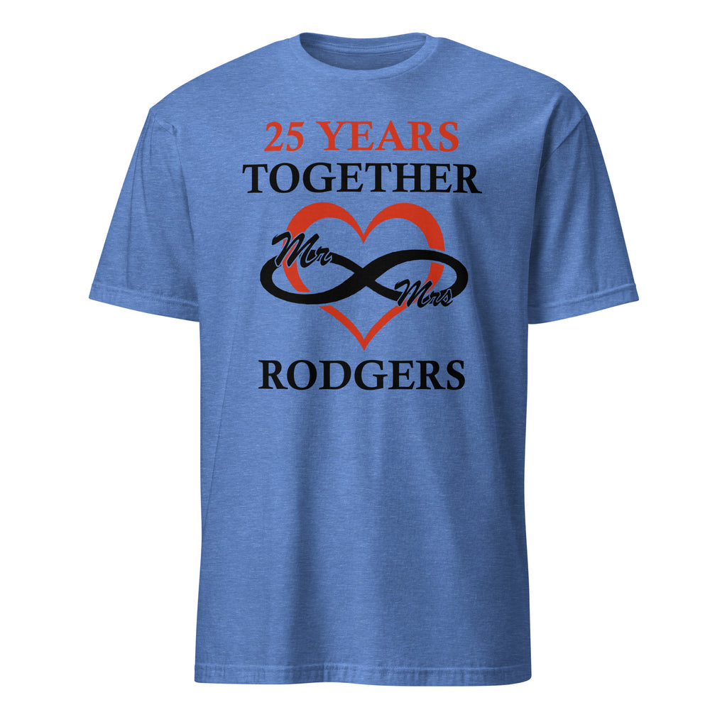 Blue t-shirt with '25 Years Together' design on a white background