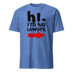 Blue t-shirt with 'hi. I'm his lawyer' text and red arrow on a white background