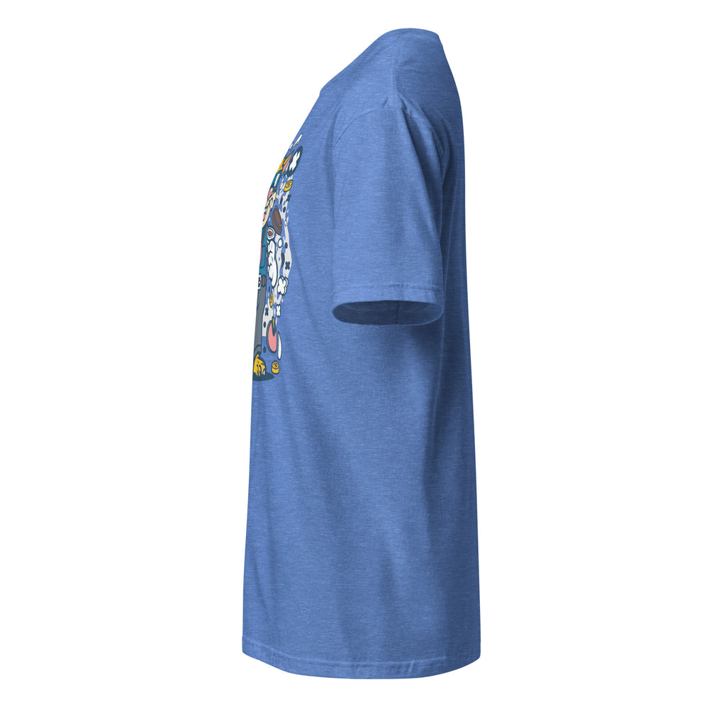 Left view of a heather royal t-shirt on a white background
