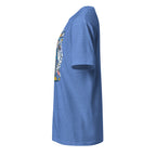 Left view of a heather royal t-shirt on a white background