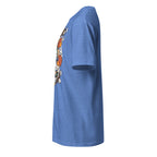 Left view of a plain heather royal t-shirt on a white background