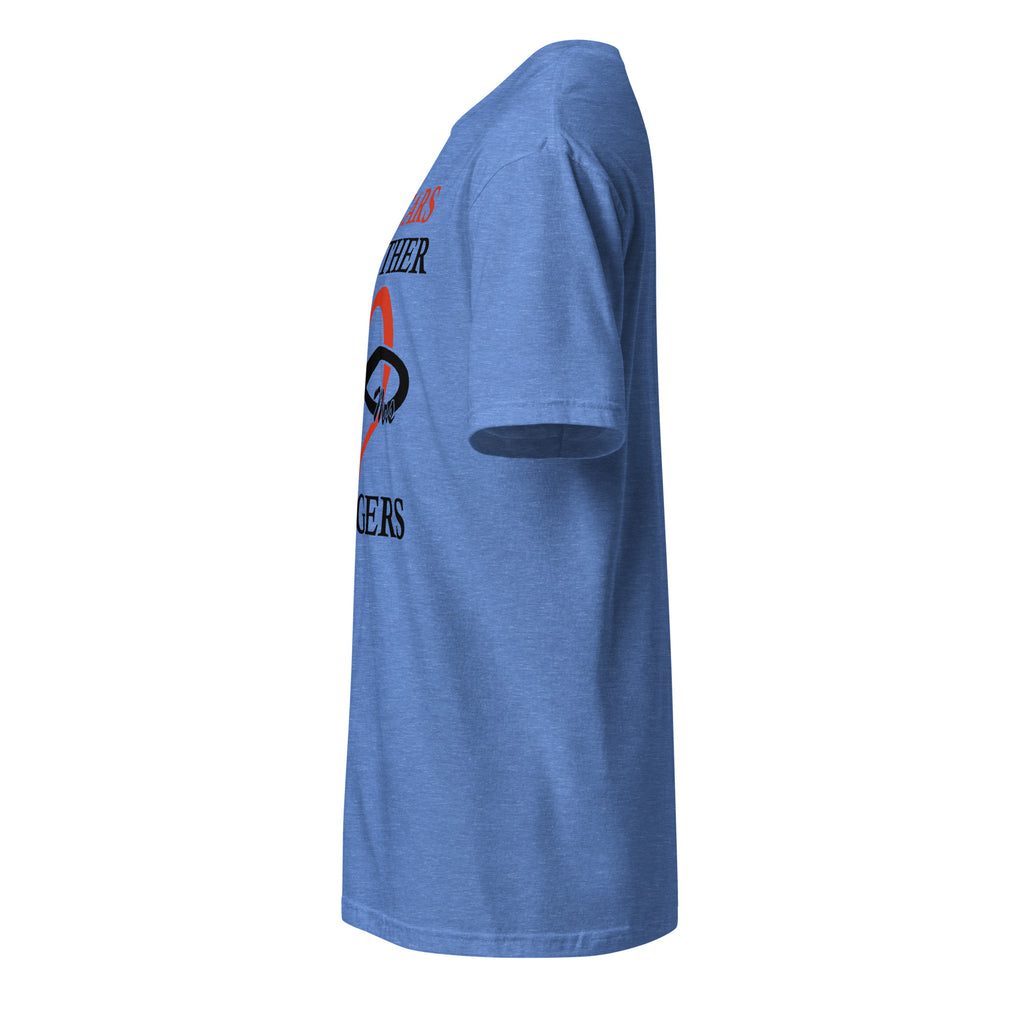 Blue t-shirt left side with a logo on the front against a white background