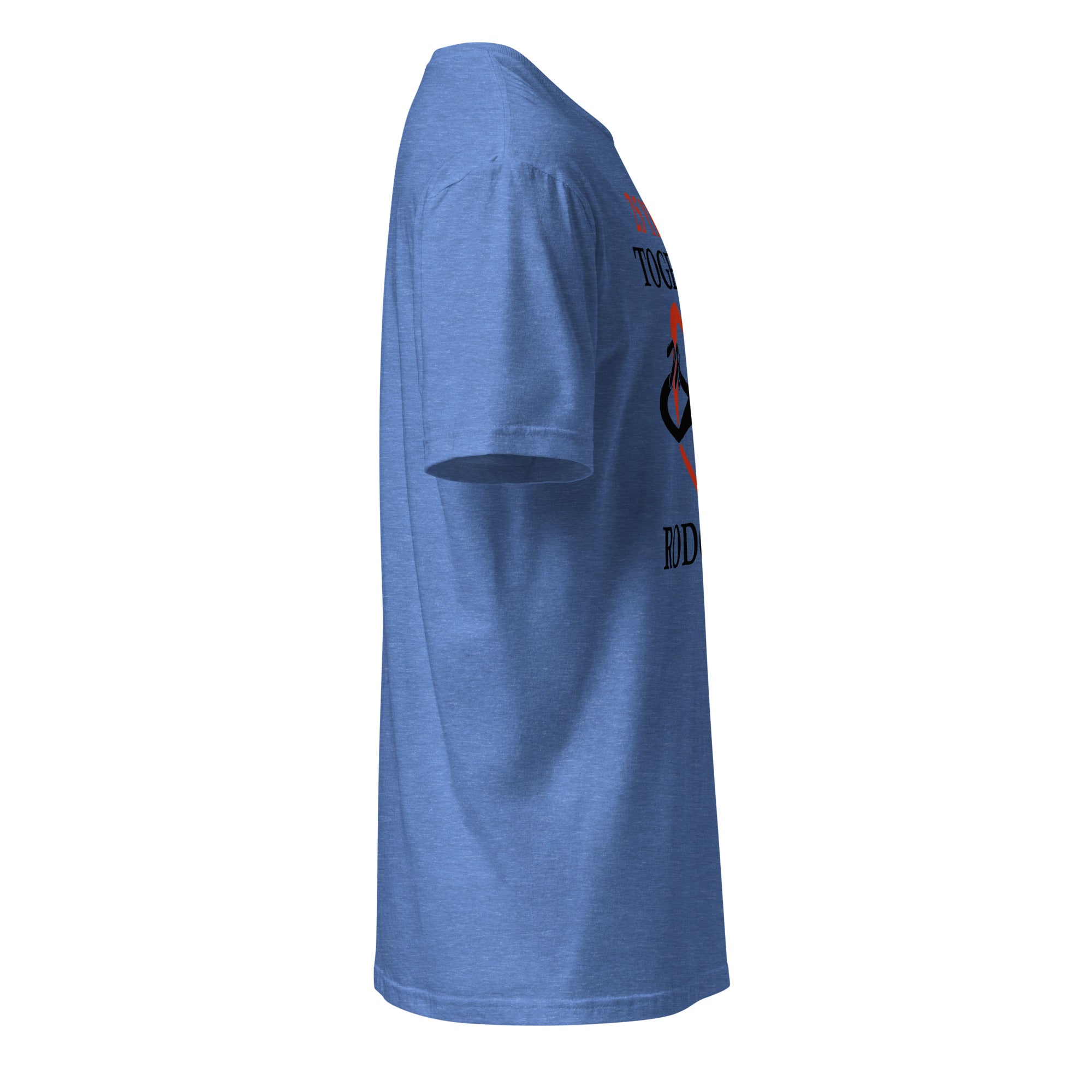 Blue t-shirt right side with a logo on the front against a white background