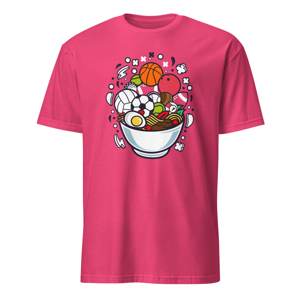 Pink t-shirt with a colorful graphic of a bowl of ramen and various items on a white background