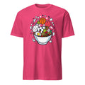 Pink t-shirt with a colorful graphic of a bowl of ramen and various items on a white background