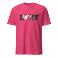 Pink t-shirt with 'LOVE' graphic featuring a heart baseball on a white background