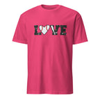 Pink t-shirt with 'LOVE' graphic featuring a heart baseball on a white background