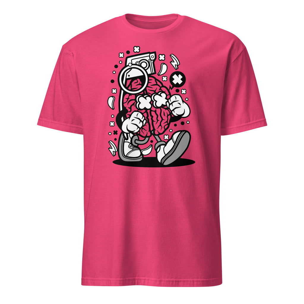 Pink t-shirt with a brain graphic design on a white background