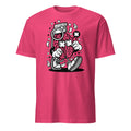 Pink t-shirt with a brain graphic design on a white background